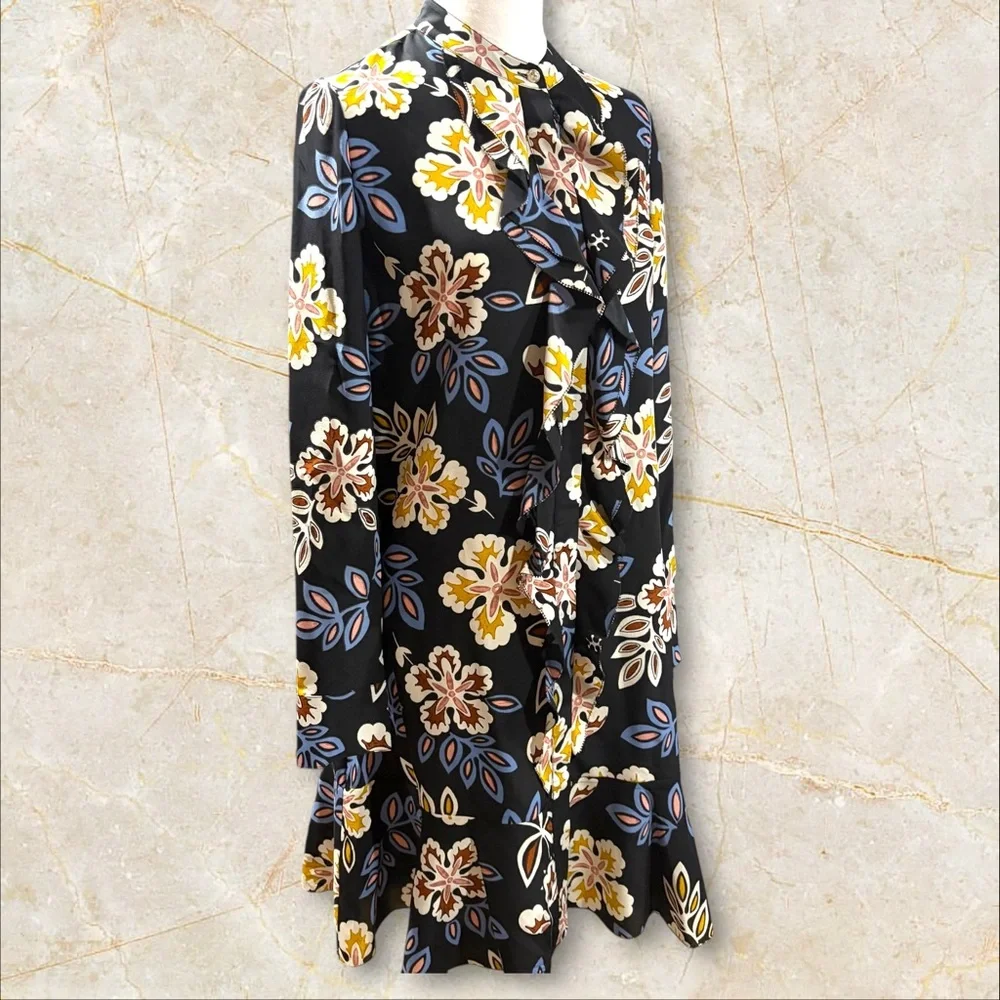 Tory Burch Jane Floral Silk Shirt Dress Black hopewell Print Size 6‎